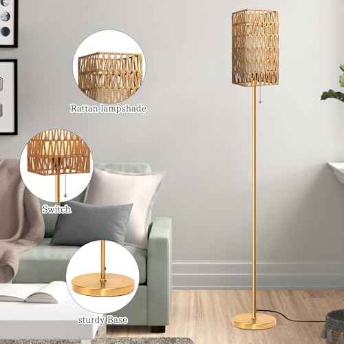 Floor Lamp for Living Room,Farmhouse Rattan Floor lamp,Modern Standing lamp with Hand-Worked Rattan Shade,Gold Tall Lamp with Chain Switch (Square Shade)