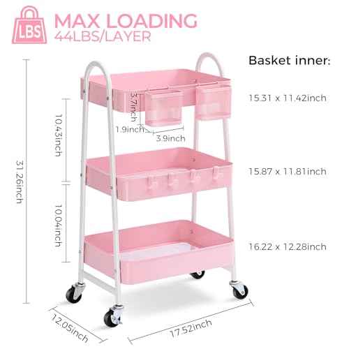 KINGRACK 3 Tier Utility Rolling Carts, Metal Rolling Storage Cart, Craft Art Cart with Handle and Locking Wheels & 2 Hanging Baskets 4 Hooks for Bathroom, Bedroom, Pink