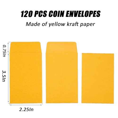#1 120 Pcs Small Coin Envelopes 2.25" x 3.5" with Gummed Flap, Yellow Kraft Mini Envelopes for Storing Keys, Stamps, Seeds, Tips and Small Items (120)