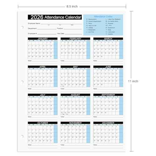 2026 Attendance Calendar Work Tracker Attendance Calendar Cards - 8.5 X 11 Cardstock/Pack of 25 Sheets
