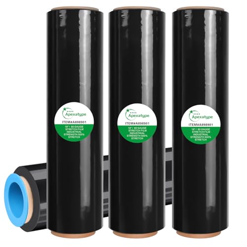 Apexatype 18" x 1500' Black Heavy Duty Stretch Shrink Wrap Roll - 4 Pack, Industrial-Strength Moving & Pallet Wrap
