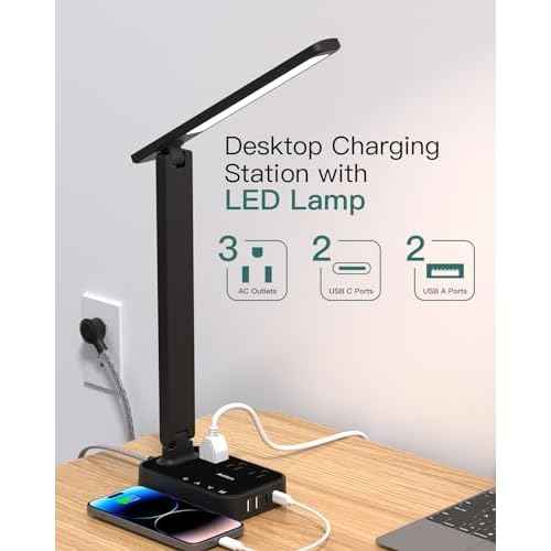 Addtam LED Desk Lamp, Power Strip with 3 Outlets 4 USB Charging Ports(2 USBC), 4 Modes 5 Level Brightness Touch Lamp, Small Desk Lamp for Home Office College Dorm Room Essentials