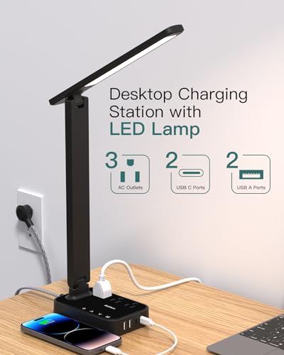 Addtam LED Desk Lamp with 4 Modes & USB Power Strip - Black, 5 FT Cord