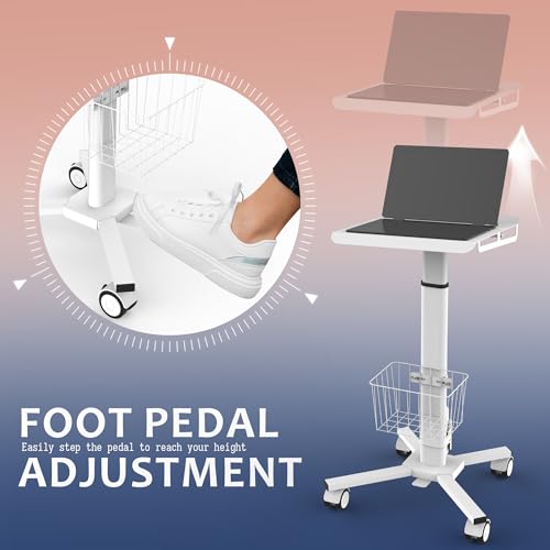 Adjustable Height Rolling Laptop Desk with Wheels - Portable Computer Cart, White