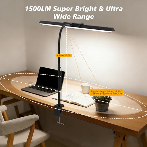 MOICO 12.8in Black LED Desk Lamp with Clamp, Dimmable & Eye-Friendly