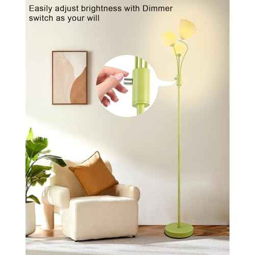 69IN Dimmable Floor Lamp Art Deco Floor Lamps with Globe & Flower Lampshade for Girls/Kid Room Standing Lamps with 3Pcs 3000K Bulbs Stylish Design Mid Century Modern Tall Lamp-Green