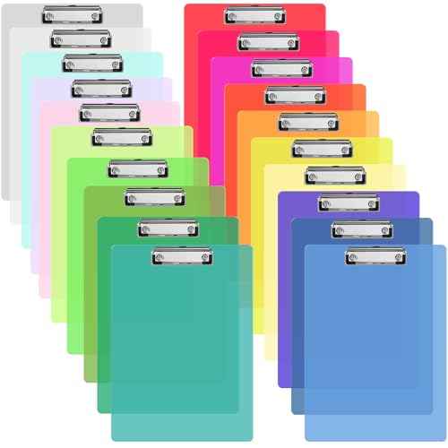 20 Pcs Plastic Clipboards Bulk 20 Assorted Colors 12.5 x 9 In Clear Colored Clip Board Standard A4 Letter Size Low Profile Clipboard Portable for Classroom Office Supplies Students Back to School
