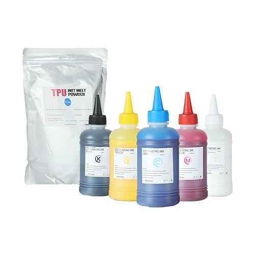 5 * 250ML Inks and 500g White DTF Powder Combo, 1.25L Premium Anti-Nozzle Clogging DTF Ink, White Powder for PET Transfer, CMYKW Inks for DTF Printers(Compatible with All Print Heads)