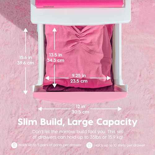IRIS USA Plastic Drawer Storage Organizer, 4-Drawers, for Classroom Art Supplies Bathroom Dorm Bedroom Laundry Room, Slim Narrow, White Frame with Matte Pink Front Panels
