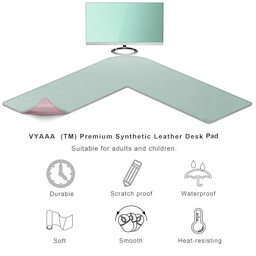Vyaaa L-Shaped Leather Desk Pad, Two Tone Gaming Mouse Pad for Corner Desk Mat, Office and Home, 43 x 43 x 15.7 Inch, Pink and Green