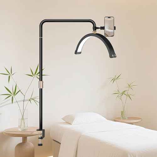 Half Moon Desk Light with Clamp, Touch Lash Lamp Nail Desk Light, Led Tattoo Light for Desk with Phone Holder, Adjustable 3 Color Lights for Lash Tech,Makeup,Photography,Reading,Work,Office (Black)