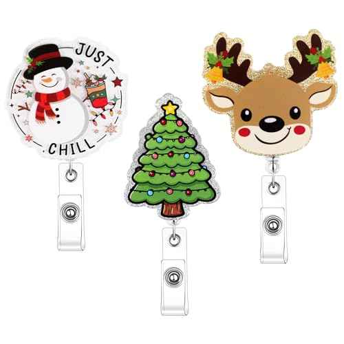 3 Pack Christmas Badge Reel Retractable with Alligator Swivel Clip Cute Holiday Badge Reels Funny Christmas Tree ID Badge Holder for Office Nurse Student
