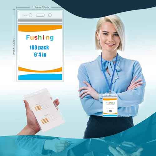 Fushing Pack of 100 Clear Plastic Vertical Badge Holders, Name Tag Holders, Card Holders (XXL)
