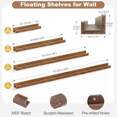 Vinyl Record Shelf Wall Mount, 6PC Album Record Holder Display, Wood Floating Shelves, Wood Ledges for Wall, 0ffice Wall Shelves, Album Shelves, Magazine Rack Walnut - 1x48In, 1x36In, 2x24In & 2x12In