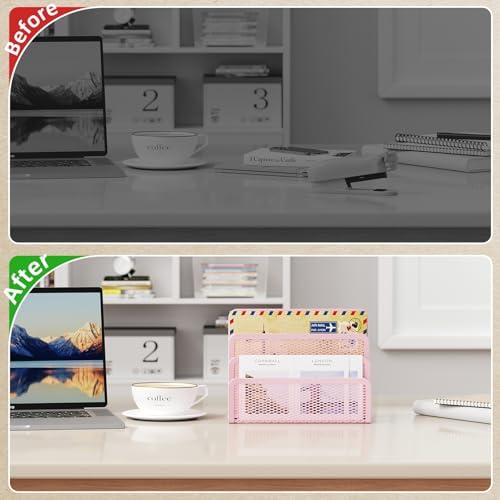 Pink Desk Mail Organizer with 3 Mesh Slots - Office Letter & Document Holder