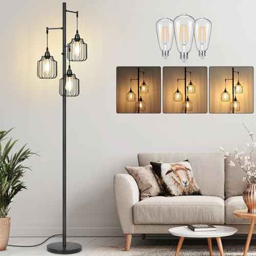 Dimmable Floor Lamp with 3 x 800LM LED Edison Bulbs,Tall Standing Lamp for Living Room,Farmhouse Black Corner Floor Lamp,Bright Industrial Rustic Vintage Tree Pole Light with Cage for Bedroom Office