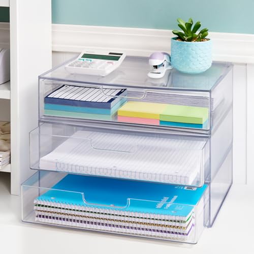 STORi STAX Clear Plastic Stackable Drawer Organizer Set of 2, 12.5" Wide, Open Front, Made in USA