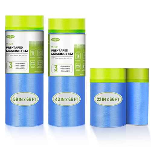 Pre-Taped Masking Film for Painting, 59/43/ 22 in * 66 FT, 3-Rolls Painters Plastic Sheeting with Widened Paint Tape and Drape for Covering Walls, Windows, Cars & Furniture Protection
