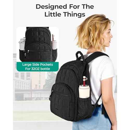 BAGSMART College Laptop Backpack, Travel Backpack for Women, Quilted Casual Daypack, Water-Resistant Bookbag for 15.6 Inch Laptop, Black