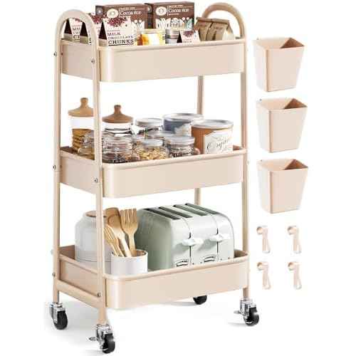 Beige 3 Tier Rolling Cart Metal on Wheels, Three Tiered Storage Organizer Utility Trolley with Wheels for Art, Craft, Baby Diaper Caddy, Snack, Book, Nail, Lash, Cleaning Supplies, Kitchen, Bathroom
