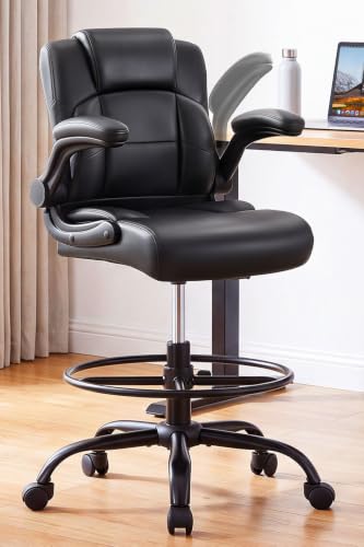 JMYMRY PU Leather Drafting Chair with Foot Ring, Black/Modern, Height Adjustable 360° Swivel, Flip-Up Armrests, Counter/Standing Desk