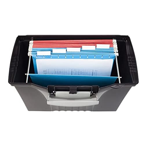 Storex Legal File Box with Organizer Lid ? Plastic Office File Storage Box for Letter and Legal Hanging Folders, Obsidian, 1-Count (61510A01C)