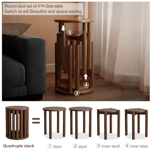 Walnut 4-Piece Solid Wood Stackable Stools Set – 18 Inch Interlocking Coffee Table Chairs