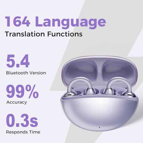 AI Translation Earbuds Real Time, 164 Language Translator Earbuds, 3-in-1 Wireless Clip on Earbuds, Bluetooth 5.4 Headphones, Translating Device for Travel Business Learning (Purple)
