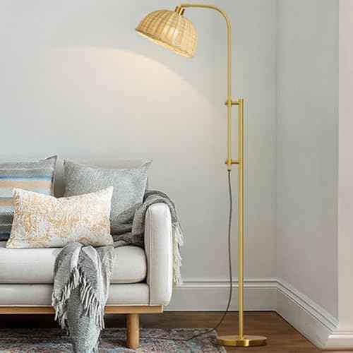 Oneach 65" Arc Floor Lamp for Living Room, Adjustable Height Gold Floor Lamps with Rattan Lampshade, Foot Switch, Boho Farmhouse Tall Lamp for Bedroom Corner Study Home Office