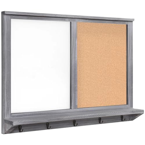 TORASO 23.6x35.4 Inch Gray Whiteboard & Cork Board Combo Wall Mount with Shelf & Hooks