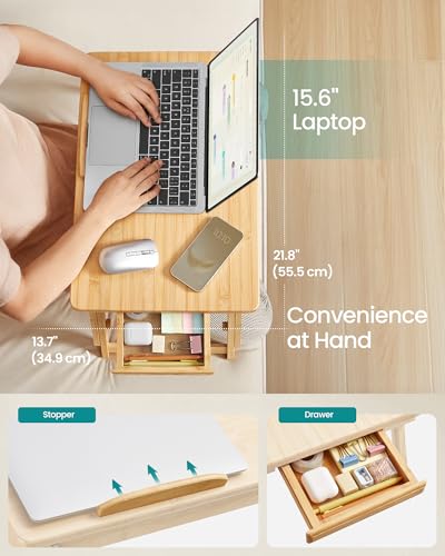 SONGMICS Light Bamboo Bed Laptop Desk, Adjustable Height & Tilt, 13.7"x21.8"
