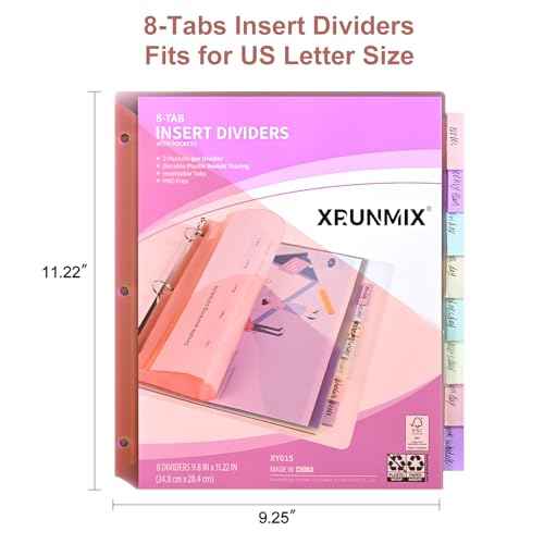 Bulk 12 Packs 8-Tab Binder Dividers with 2 Pockets, 96 Counts Binder Dividers Index for 3 Ring Binders, 8 Pastel Colors, US Letter Size (12)