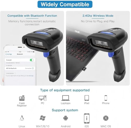 NETUM Black Bluetooth & 2.4G Wireless Barcode Scanner NT-1228BC