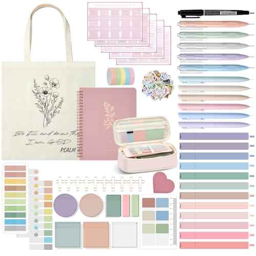 Jutom 110 Pcs Bible Study Supplies Bible Journaling Kit with Canvas Tote Bag Pen Case Notebook Highlighters Pens Sticky Note Tabs Page Markers Scripture Stickers Tape for Women Christian Study Gift