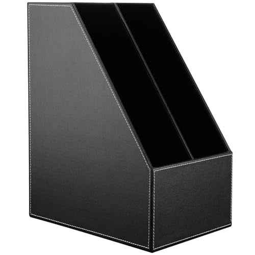 KINGFOM Wooden Leatherette Desktop File Folder Organizer and Document File Stand Journals Magazine Rack 2 Slots (black)