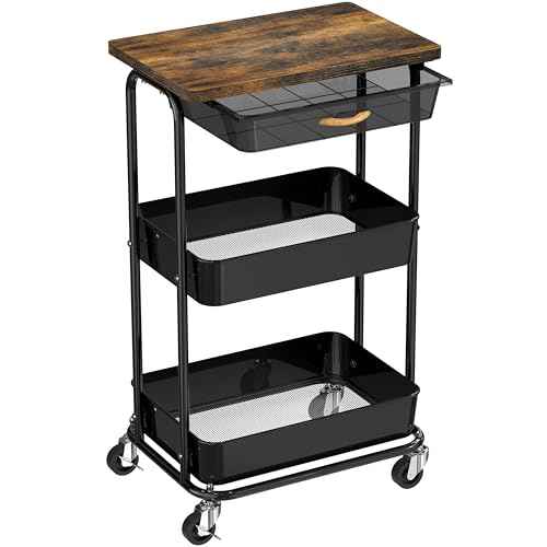 Simple Houseware 2-Tier Rolling Utility Cart with Top Board and Sliding Drawer, Rustic Brown