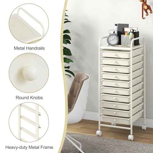 MEDIMALL 10 Drawers Rolling Storage Cart, Multipurpose Craft Storage Cart with Wheels, Mobile Tools Scrapbook Paper Organizer Cart for Office School Home Use