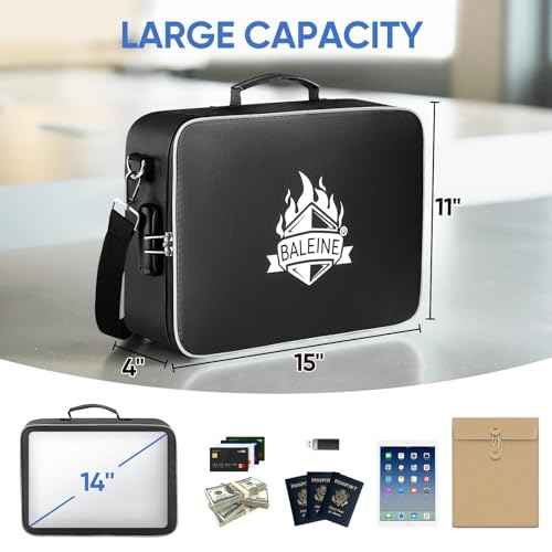 BALEINE Fireproof Document Box with Lock, Portable Fireproof Document Bag Waterproof Fire Proof File Boxes for Documents, File Organizer Box for Important Paperwork (Black, 15''x11''x4'')