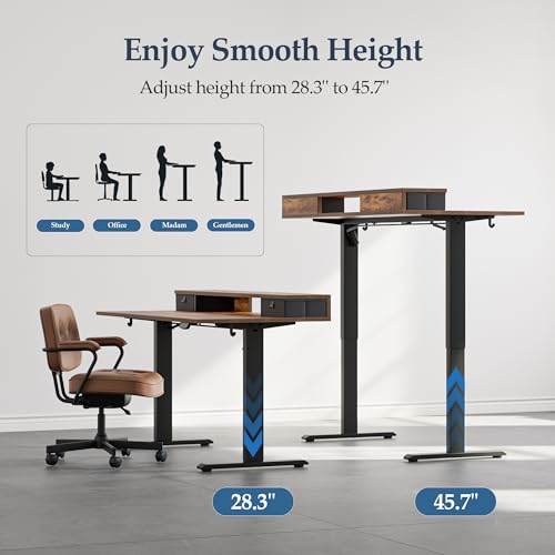 Klicelor Rustic Brown 48x23 Inch Electric Standing Desk with Drawers - Adjustable Sit-Stand Home Office Workstation