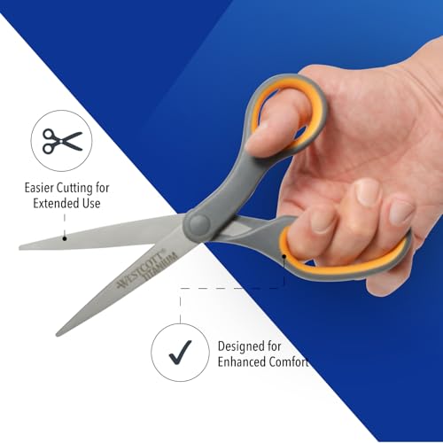 Westcott Titanium Bonded Scissors 8-Inch 6-Pack - Soft Handle, Straight, Gray/Yellow