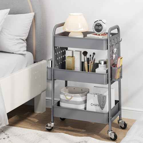 TOOLF Metal Rolling Storage Cart, 3-Tier Utility Mobile Cart with DIY Pegboards, Serving Trolley Cart with Baskets Hooks, for Kitchen, Bathroom, Office, Home, Classroom (Dark Grey)