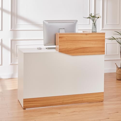 LayBurst 47-Inch Reception Desk with Cable Grommet – Modern White & Wood Counter for Checkout, Lobby