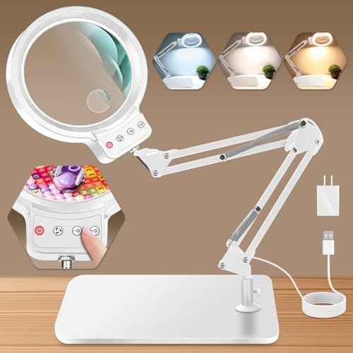 10X 30X Large Magnifying Glass with Light and Stand, 5-inch Lighted Magnifier, 72 LED 3 Color Modes Stepless Dimmable, Hands-Free Magnifying Glass Desk Lamp for Reading Craft Hobby Close Work White