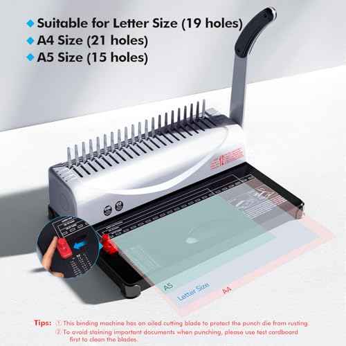 MAKEASY Binding Machine, 21-Hole, 450 Sheets, Comb Binding Machines with 1 Box Comb Bindings Spines, Comb Binder for Letter Size, A4, A5 Paper