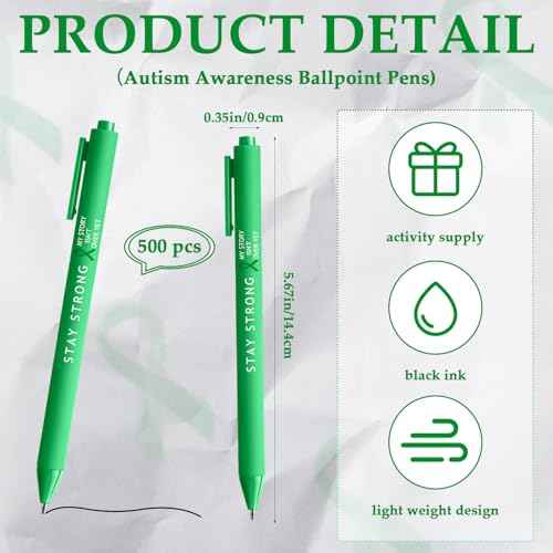 Cholemy 500 Pcs Suicide Prevention Awareness Ballpoint Pens Mental Health Awareness Items Green Ribbon Retractable Pens Bulk Black Ink for School Charity Office Therapist