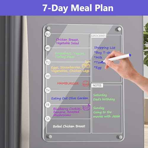 Acrylic Meal Planner Magnetic Menu Board for Kitchen Fridge, 13"x9" Clear Weekly Calendar Planning Board Noteboard Refrigerator Dry Erase Board to Do/Grocery/Shopping Lis Includes 6 Markers