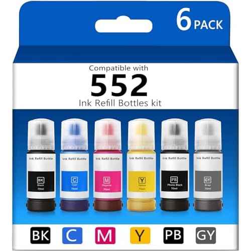T552 Refill Ink Bottles Compatible with Epsn 552 Ink Refill Bottles Use for EcoTank Photo ET-8550 ET-8500 Printer£¨PB C M Y GY BK 6 Color Cyan/Magenta/Yellow/Photo Black/Gray Ink Bottles