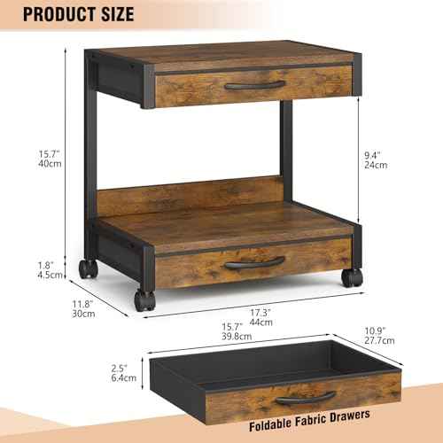 2-Tier Desktop Printer Stand with 2 Fabric Drawers, Prtiner Table with Storage Shelf, Desk Organizer for Home Office,3D Printer,Fax Machine,Scanner (Brown, 2 Tier)