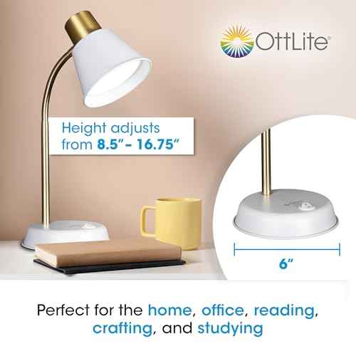 OttLite Beam LED Desk Lamp, Metal Construction in White and Gold, Flexible Neck, Book Light, Table Lamp, Reading Light, Work, Desk Lights for Home Office or Bedside