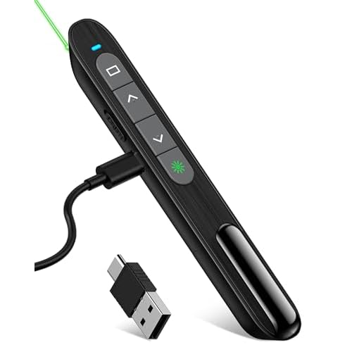 USB C Rechargeable Presentation Clicker with Green Light, Remote Clicker for Presentations Wireless Presenter Slide Changer PPT Advancer with Volume Control for Laptop Computer